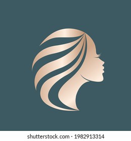 Hair salon and beauty studio illustration.Long, wavy hairstyle woman with elegant makeup.Fashion, cosmetics and spa icon.Young lady portrait.Beautiful model face.Luxury,glamour style.Gold color.	