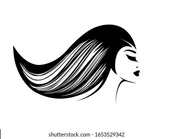 Hair salon and beauty studio illustration.Long,wavy hair woman with elegant makeup.Shampoo,cosmetics and spa icon.Young lady portrait logo isolated on white.Beautiful model face.Luxury,glamour style.