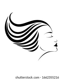 Hair salon and beauty studio illustration.Wavy hairstyle woman with elegant makeup.Shampoo,cosmetics and spa icon.Young lady profile portrait logo.Beautiful model face.Luxury,glamour style.