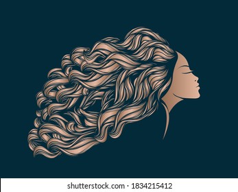 Hair salon and beauty studio logo isolated on dark background.Beautiful woman portrait silhouette with long, wavy hairstyle.Shiny blonde dyed hair lady.Luxury design.Cosmetics and spa icon.