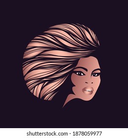 Hair salon and beauty studio logo.Beautiful African woman with wavy Afro hairstyle and elegant makeup.Young lady.Hairdresser and cosmetics logo.Luxury,glamour portrait.Female head.Shiny lipstick.