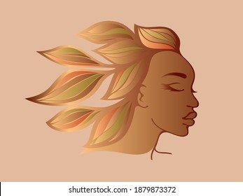 Hair salon and beauty studio logo.Beautiful African woman with leaf hairstyle and elegant makeup.Young lady.Hairdresser and cosmetics logo.Luxury,glamour portrait.Female head.Nature goddess.