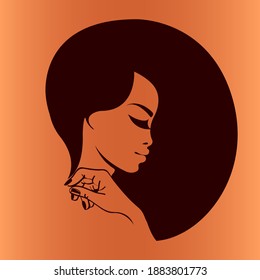 Hair salon and beauty studio logo.Beautiful African woman with big Afro hairstyle, elegant makeup and manicure.Young lady.Hairdresser and cosmetics logo.Luxury,glamour profile portrait.Female head.