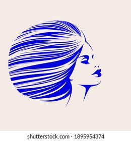 Hair salon, beauty studio logo.Beautiful African woman with big Afro hairstyle and elegant makeup.Young lady.Hairdresser and cosmetics logo.Luxury,glamour profile portrait.Female head.Electric blue.