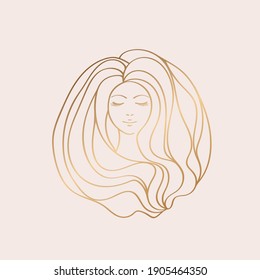 Hair salon, beauty studio logo.Long, wavy hairstyle woman with natural makeup.Cosmetics and spa icon isolated on light fund.Gold lines young lady portrait.Beautiful model face.Luxury, elegant style.