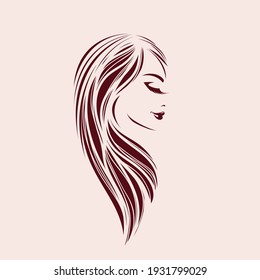 Hair Salon, Beauty Studio Logo.Long, Wavy Hairstyle Woman.Elegant Makeup.Profile View Portrait.Hairdresser Icon.Luxury, Spa Style.Young Lady Face Isolated On Light Background.Eyelashes And Lipstick.