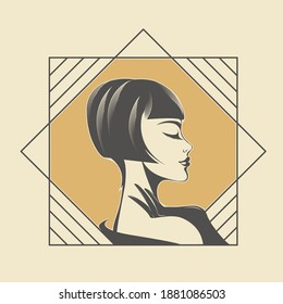 Hair salon and beauty studio logo.Retro hairstyle woman.Elegant makeup.Cosmetics and style icon isolated on light fund.Young lady portrait.Beautiful model face.Luxury,glamour style.Art deco frame.