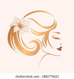 Hair salon and beauty studio logo.Wavy hairstyle blonde woman.Elegant makeup.Cosmetics and spa icon isolated on light fund.Young lady portrait.Beautiful model face.Luxury,glamour style.Flower shape.
