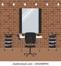 Hair salon with a brick wall. Barber shop. Hairdresser's workplace. There is a table, a chair, mirror, hair dryer in the image. Vector illustration