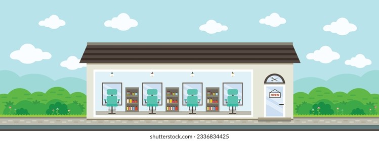 Friseur-Salon-Gebäude, Flach-Vektorgrafik, Hintergrund für kleine Unternehmen, Landschaftsblick auf Friseur oder Barbershop
