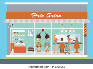 Hair salon building and interior with customer, hairdresser, barber, hair style, hair cut, hair care, hair fashion model,vector illustration.