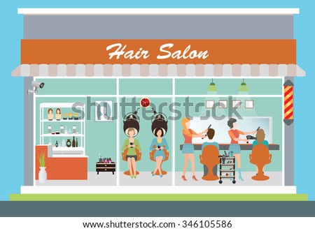 Hair salon building and interior with customer, hairdresser, barber, hair style, hair cut, hair care, hair fashion model,vector illustration.