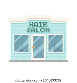 Ícone de arte de pixel de construção de salão de cabelo. Cartoon pixelated cabeleireiro salão de beleza escritório. Ilustração vetorial isolada. Elemento de design de construção de serviço de estúdio de moda para jogos de vídeo retro de 8 bits