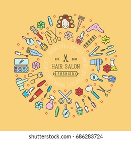 Hair salon cartoon concept in circle with thin line icons related to haircut, hair styling, make up. Vector illustration for banner, logo, web page.