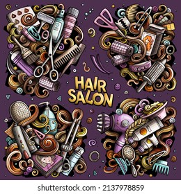 Hair Salon cartoon vector doodle designs set. Colorful detailed compositions with lot of hairstyle objects and symbols. All items are separate