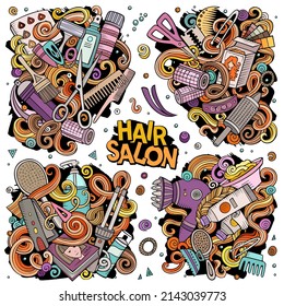 Hair Salon cartoon vector doodle designs set. Colorful detailed compositions with lot of hairstyle objects and symbols. All items are separate