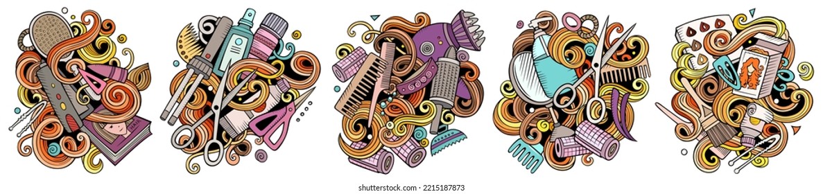 Hair Salon cartoon vector doodle designs set. Colorful detailed compositions with lot of hairdresser objects and symbols. Isolated on white illustrations