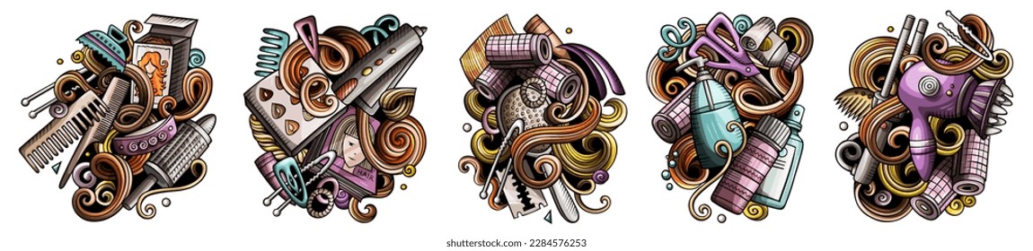 Hair Salon cartoon vector doodle designs set. Colorful detailed compositions with lot of hairdresser objects and symbols. Isolated on white illustrations