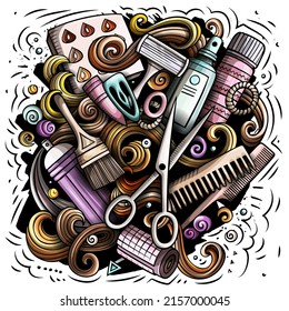 Hair Salon cartoon vector illustration. Colorful detailed composition with lot of Hairstyle objects and symbols. All items are separate