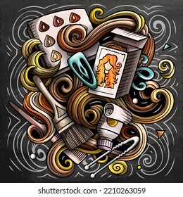 Hair Salon cartoon vector illustration. Chalkboard detailed composition with lot of Hairstyle objects and symbols