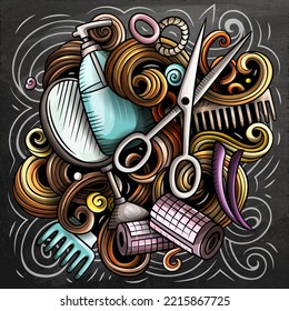 Hair Salon cartoon vector illustration. Chalkboard detailed composition with lot of Hairstyle objects and symbols
