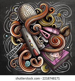 Hair Salon cartoon vector illustration. Chalkboard detailed composition with lot of Hairstyle objects and symbols