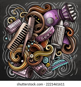 Hair Salon cartoon vector illustration. Chalkboard detailed composition with lot of Hairstyle objects and symbols