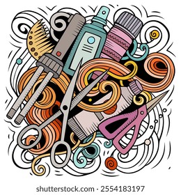 Hair Salon cartoon vector illustration. Colorful detailed composition with lot of Hairstyle objects and symbols. All items are separate