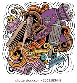 Hair Salon cartoon vector illustration. Colorful detailed composition with lot of Hairstyle objects and symbols. All items are separate