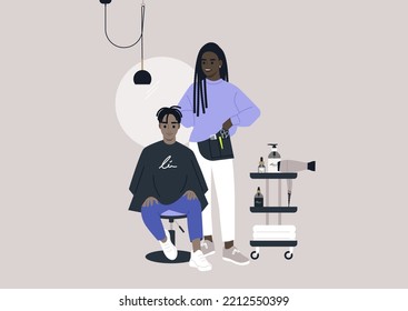 Hair salon, a client sitting in the chair covered with a cape, a master standing next to them with a belt bag