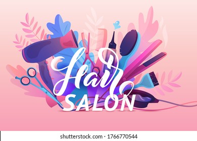Hair Salon  Colorful hairdresser decorative illustration and beauty haircut accessories   equipment and big white letters  Realistic Poster  Vector Illustration Pink Colors 
