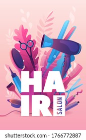 Hair Salon. Colorful hairdresser decorative illustration with beauty haircut accessories and equipment with big white letters. Realistic Poster. Vector Illustration Pink Colors.