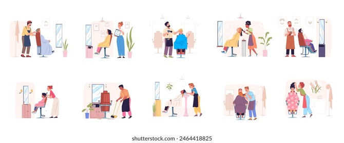 Hair salon customers. Hairdresser cutting customer in chair, cartoon hairstylist workplace barber dresser character haircutter work dryer comb, beauty classy vector illustration of haircut barber