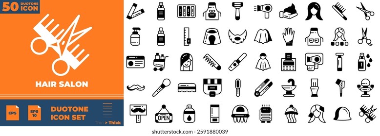 Hair Salon Duotone Editable Icons set. Vector illustration in modern thin duotone style of hair salon icons: barber pole, comb, razor blade, etc