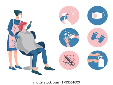 Hair Salon During A Coronavirus.Female Hairdresser With Customer In Protective Mask And Gloves.Protective Measures-disinfect, Wash Hands, Wear Mask, Use Sanitiser, Sterilisation Of Tools. New Normal.