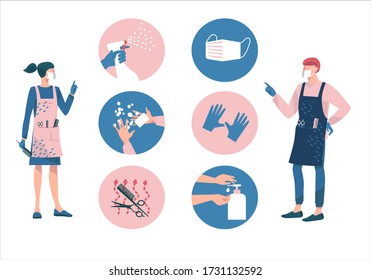 Hair Salon During A Coronavirus.Female And Male Hairdresser In Protective Mask And Gloves.Protective Measures-disinfect, Wash Hands, Wear Mask, Use Sanitiser, Sterilisation Of Tools. New Normal.