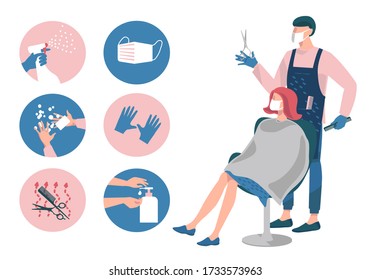 Hair salon during a Coronavirus.Male hairdresser with customer in protective mask and gloves.Protective measures-disinfect, wash hands, wear mask, use sanitiser, sterilisation of tools. New normal.