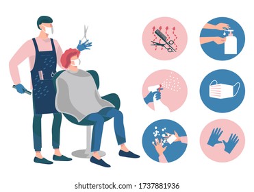 Hair salon during a Coronavirus.Male hairdresser with customer in protective mask and gloves.Protective measures-disinfect, wash hands, wear mask, use sanitiser, sterilisation of tools. New normal.