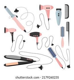 Hair salon electric equipment tools set. Vector hair dryer and styling flat set