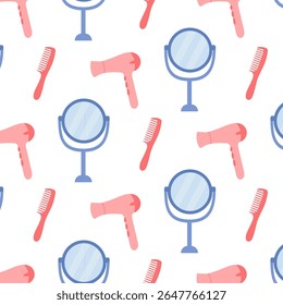Padrão de equipamento de salão de cabelo com espelhos, pentes e secadores de cabelo em um design divertido