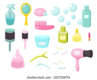 Hair salon equipments set, hairdressing, beauty, shop, accessories, objects, icons. Vector illustration of hand drawing makeup cosmetics set