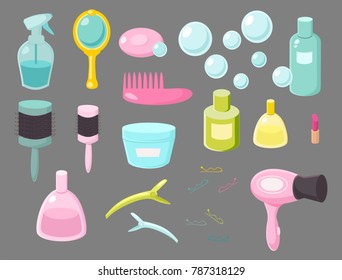 Hair salon equipments set, hairdressing, beauty, shop, accessories, objects, icons. Vector illustration of hand drawing makeup cosmetics set