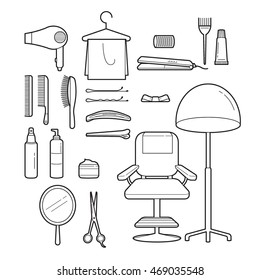 Hair Salon Equipments Set, Monochrome, Accessories, Equipment, Hairdressing, Shopping, Outline