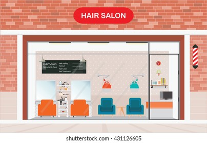 Hair salon exterior building and interior beauty salon vector illustration.