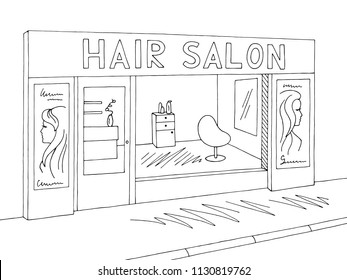 Hair Salon Exterior Graphic Black White Sketch Illustration Vector