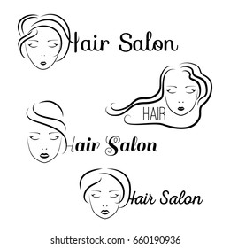 Hair salon face collection. Vector illustration of woman silhouette in minimalistic sketch style on white background.