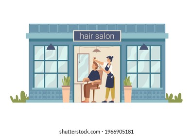 Hair salon, hairdresser cuts client woman, making stylish haircut. Vector barber beauty shop flat cartoon building. Barbershop facade exterior, entrance and shopwindow, hair cut for lady in chair