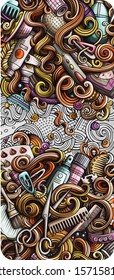 Hair salon hand drawn doodle banner. Cartoon detailed illustrations. Barbershop identity with objects and symbols. Color vector design elements background