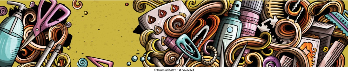 Hair salon hand drawn doodle banner. Cartoon detailed illustrations. Barbershop identity with objects and symbols. Color vector design elements background