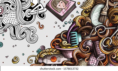 Hair salon hand drawn doodle banner. Cartoon detailed illustrations. Barbershop identity with objects and symbols. Color vector design elements background